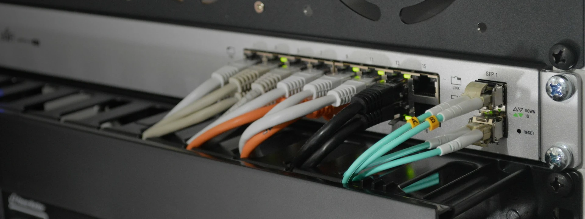 Hinterseite einer Servereinheit mit vielen Lan-Kabeln.